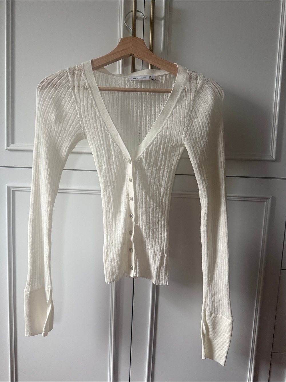 Weekday Cream Ribbed Button-Down V-Neck Top